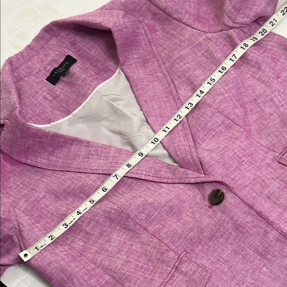 Talbots Pink Linen Blazer size 12P lined One button closure herringbone pattern - Picture 7 of 13